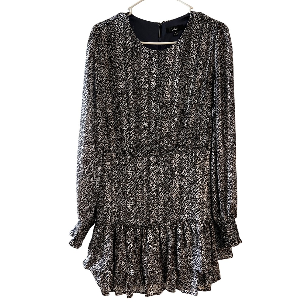 Lulus Black White Floral Metallic Ruffle Tiered Mini Dress Long Sleeve Large
